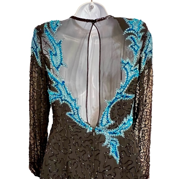 A.J. Bari Womens Vintage Beaded Silk Asymmetric Gown 4 Black Event Formal Gala - Picture 7 of 12